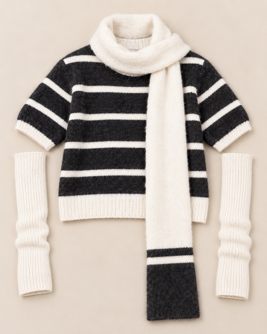 Women's Striped Wool Sweater Set – Knit Top, Scarf & Arm Warmers