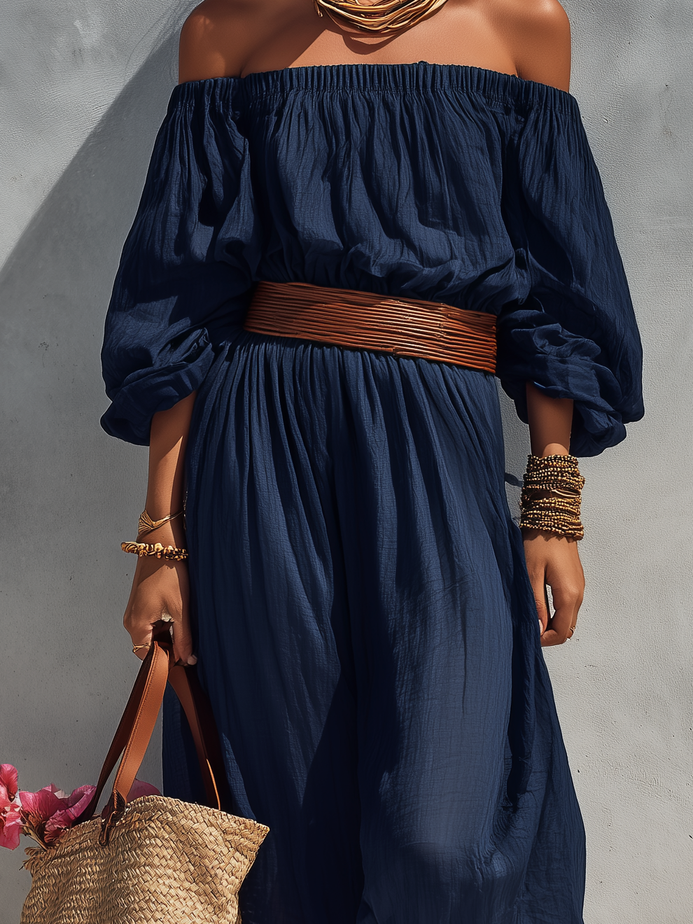 Women's Casual Dark Blue Cotton Linen Strapless Long-sleeved Dress (belt Not Included)