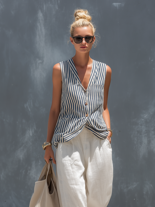 Women's Casual Striped Woven Sleeveless Vest Paired With White Cotton And Linen Trousers Set