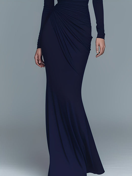 Women's Navy Elegant Stretch Polyester-Cotton Blend Turtleneck Draped Maxi Dress