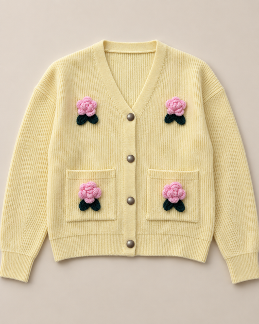Women's Floral Wool Cardigan – V-Neck Rose Detail Button-Up Sweater