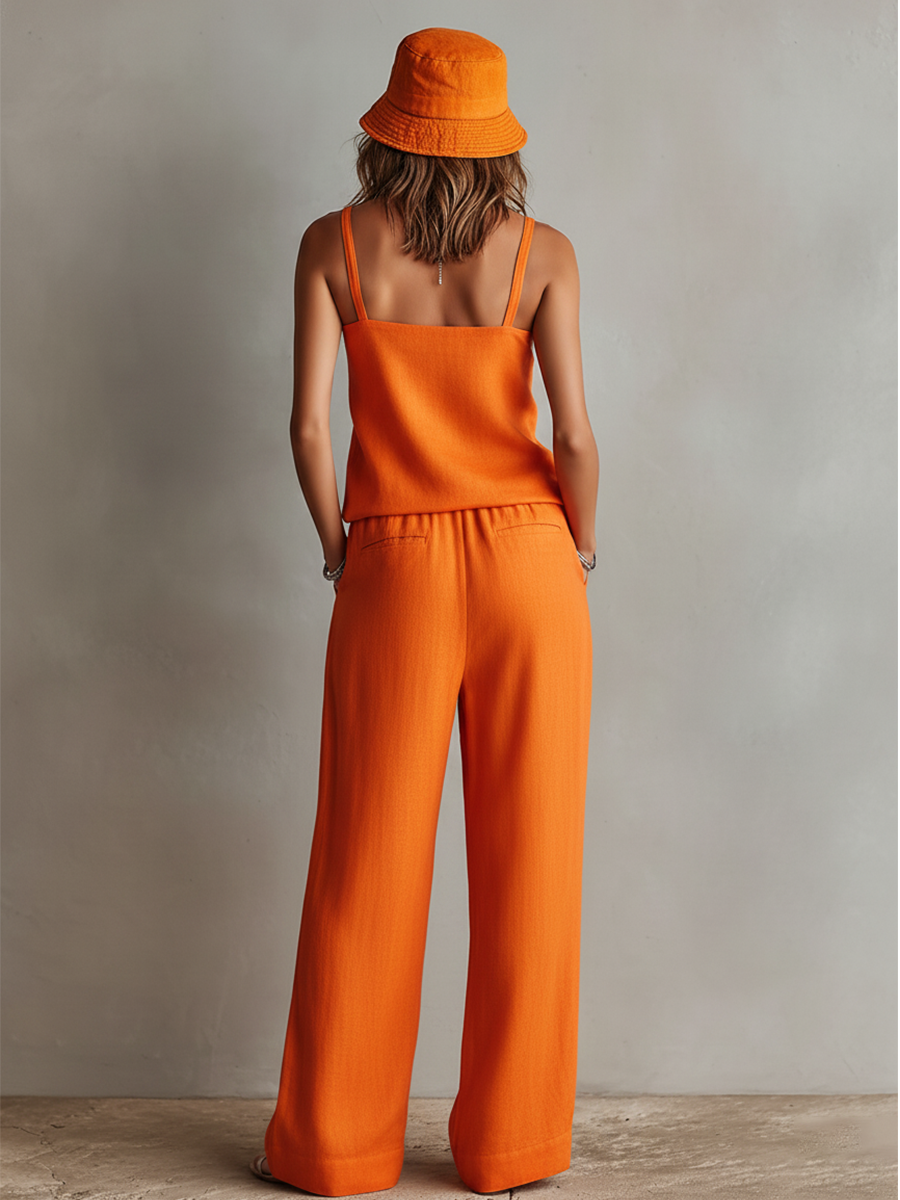 Women's Orange Linen Two-Piece Set With Square Neck Cami Top & Tie-Waist Wide-Leg Pants, Timeless Boho-Resort Style Set