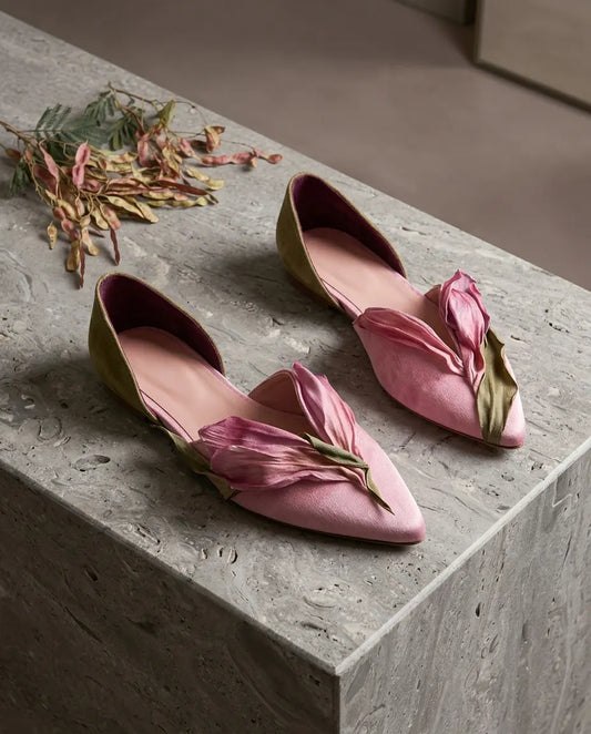 Handmade Pink Satins Flower Pointed Toe Flat Shoes