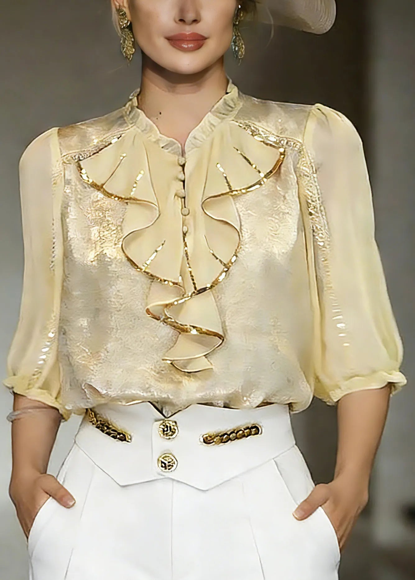 Beautiful Yellow Stand Collar Ruffled Chiffon Shirt Summer