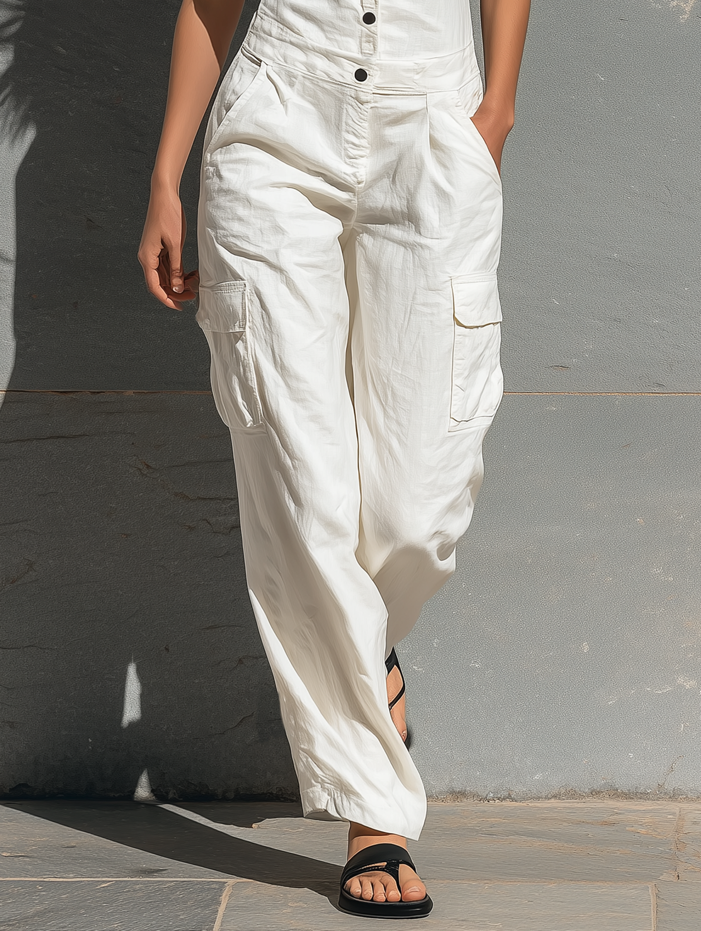Women's Minimalist Cotton Blend Single-breasted Sleeveless Jumpsuit