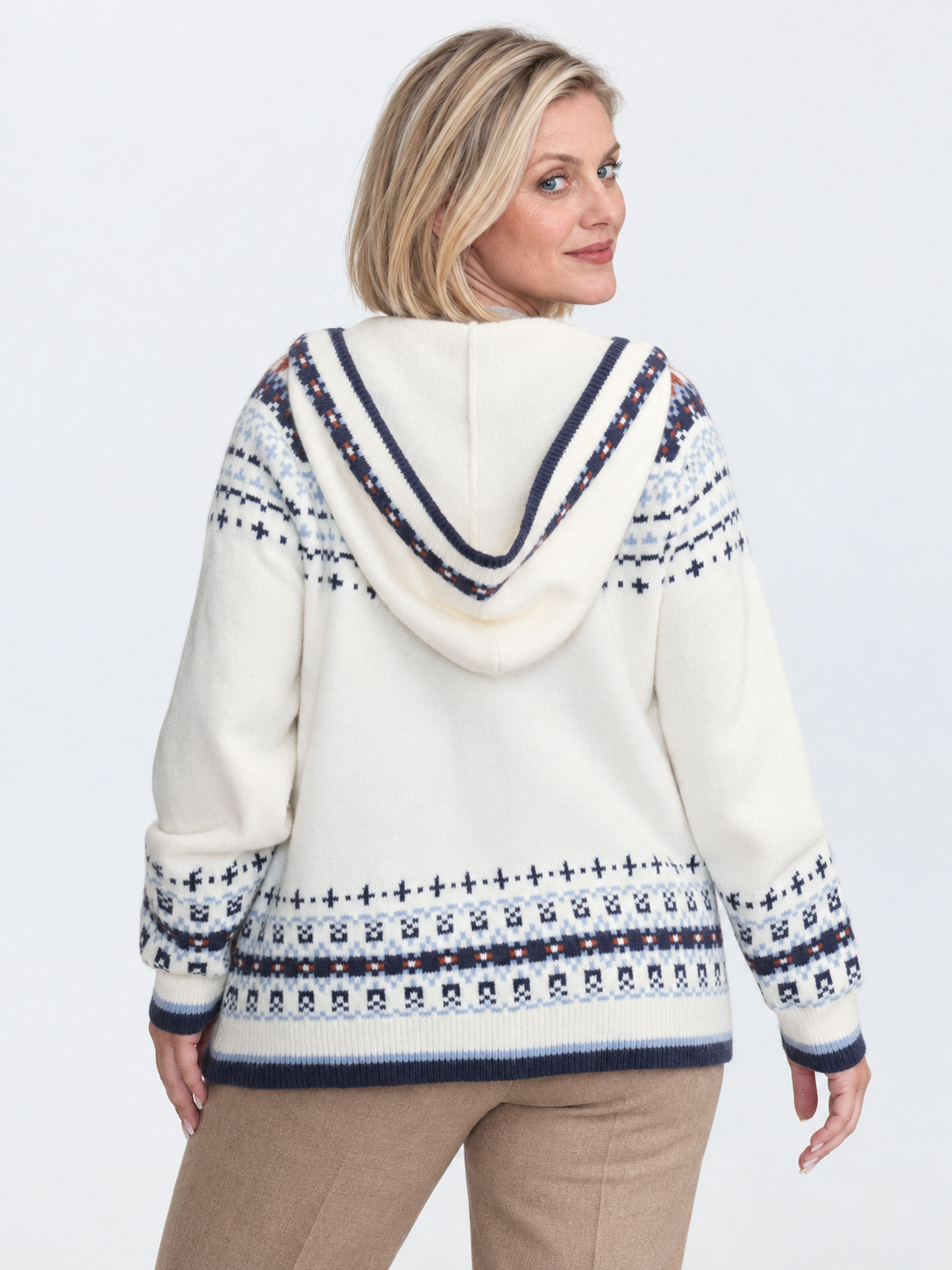 Women's Hooded Wool Cardigan – White Fair Isle Button-Up Knit Sweater