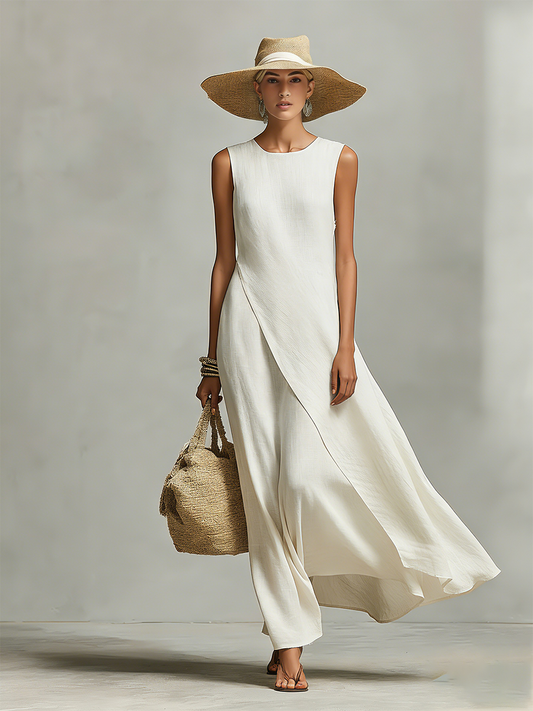 Women's Ivory Breathable Linen Dress With Sleeveless Detail & Asymmetric Hem, Contemporary Casual-Feminine Style Dress