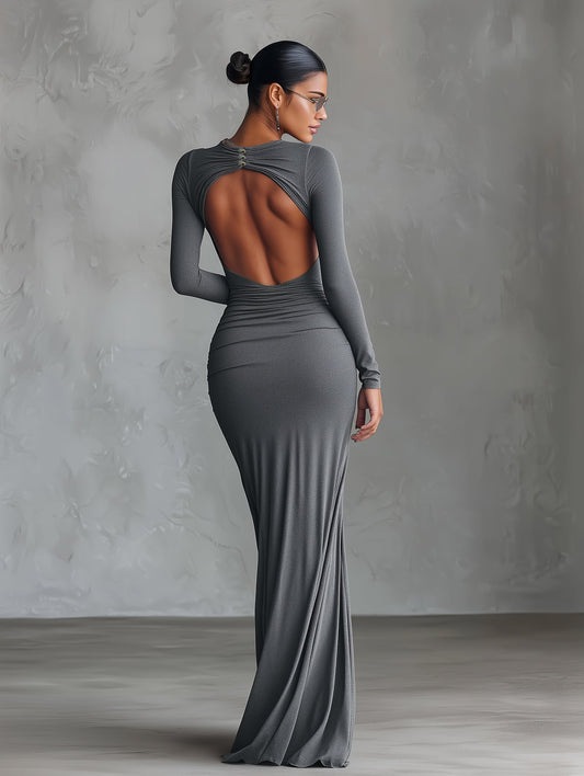 Women's Grey Elegant Stretch - Polyester-Cotton Blend Ruched Open - Back Maxi Dress