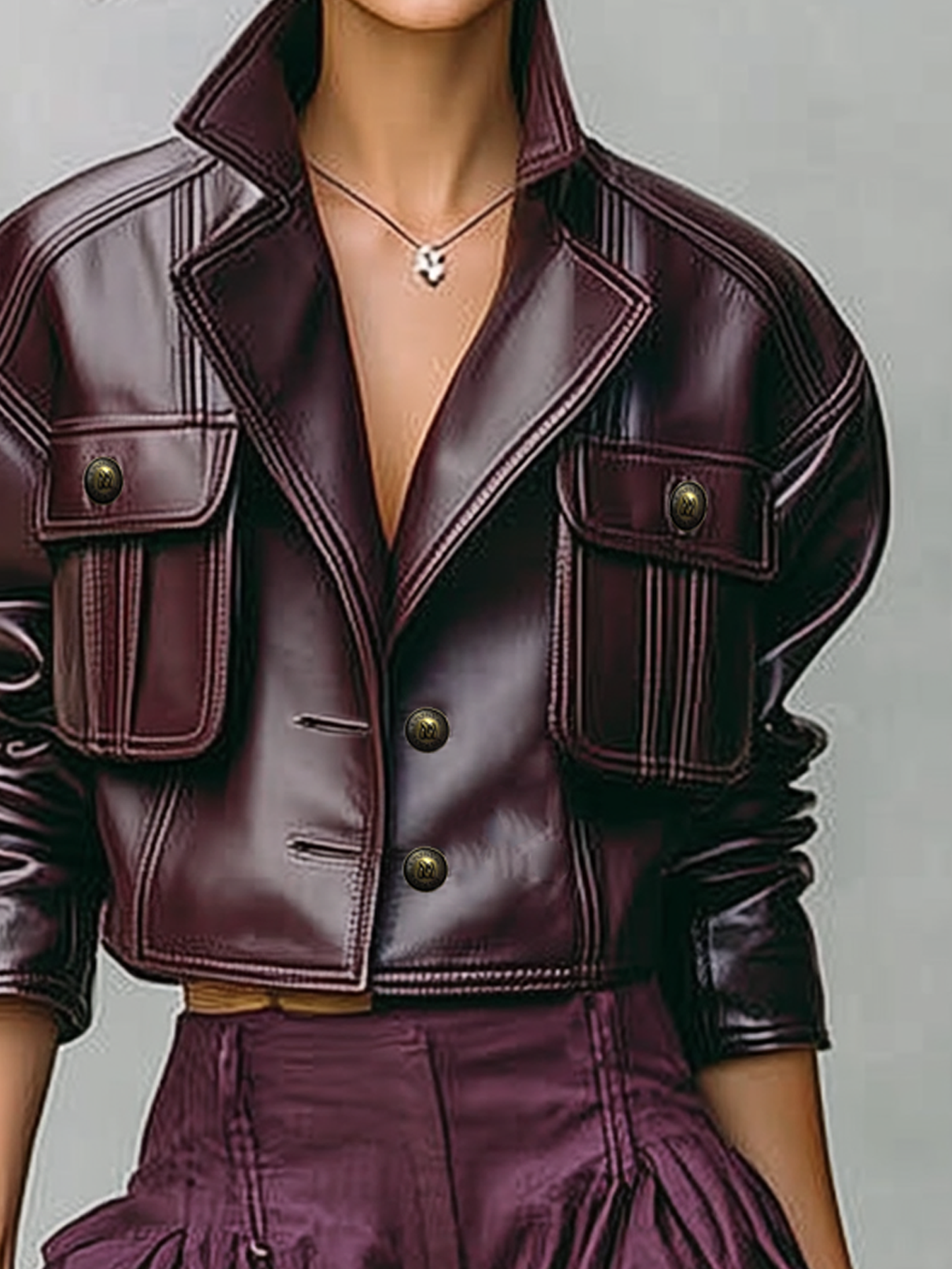 Women's Loose PU Leather Short Double Chest Pocket Jacket