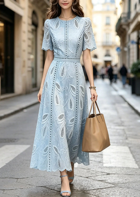 French Blue O Neck Hollow Out Patchwork Cotton Dress Summer