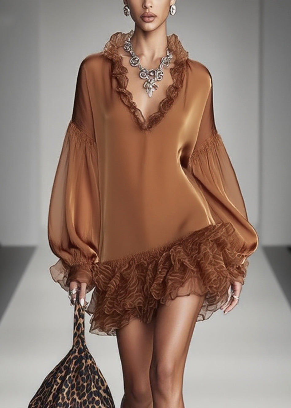 French Brown Ruffles Patchwork Chiffon Mid Dress Spring