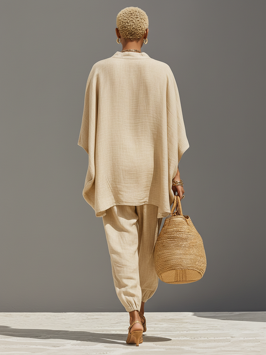 Women's Neutral Linen Set With Asymmetric Hem & Minimalist Design, Sophisticated Daily-Casual Style Set