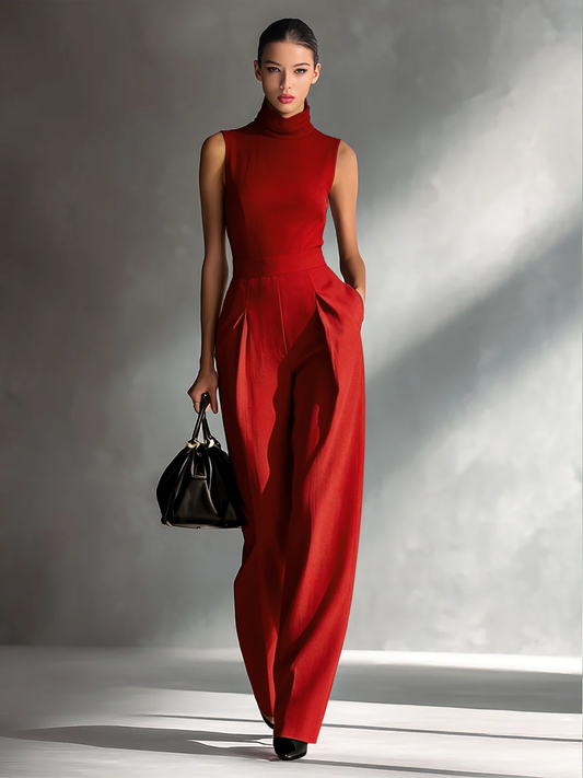 Women's Sleek Cotton-Linen Blend Burgundy Sleeveless Turtleneck Wide-Leg Jumpsuit