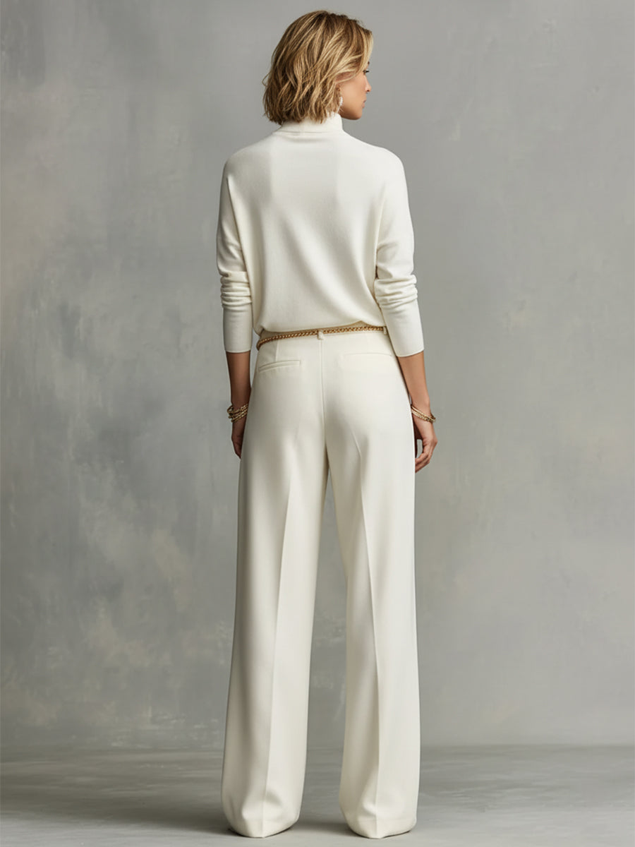 Women's Cream Soft Knit Chic Turtleneck Top & Flowy Wide-Leg Pant Set