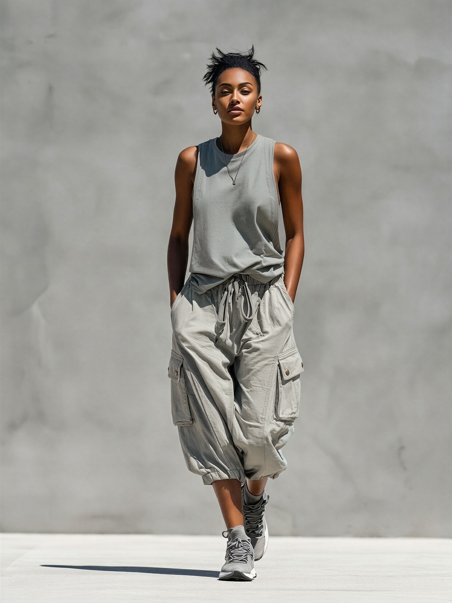 Women’s Grey Sleeveless Tank Top & Cargo Jogger Shorts Two-Piece Set