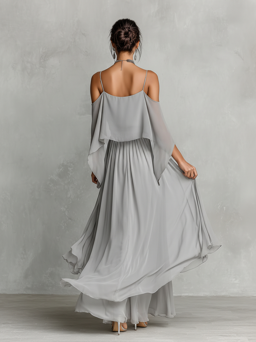 Women's Grey Breathable Chiffon Set With Cold-Shoulder Detail & Flared Silhouette, Contemporary Luxury-Feminine Style Set
