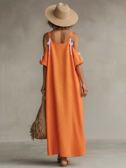Women's Tangerine Linen Dress With Cold Shoulder & High-Low Hem, Timeless Boho-Resort Style Dress