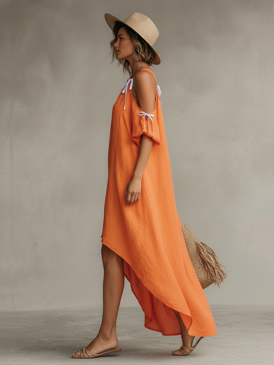 Women's Tangerine Linen Dress With Cold Shoulder & High-Low Hem, Timeless Boho-Resort Style Dress