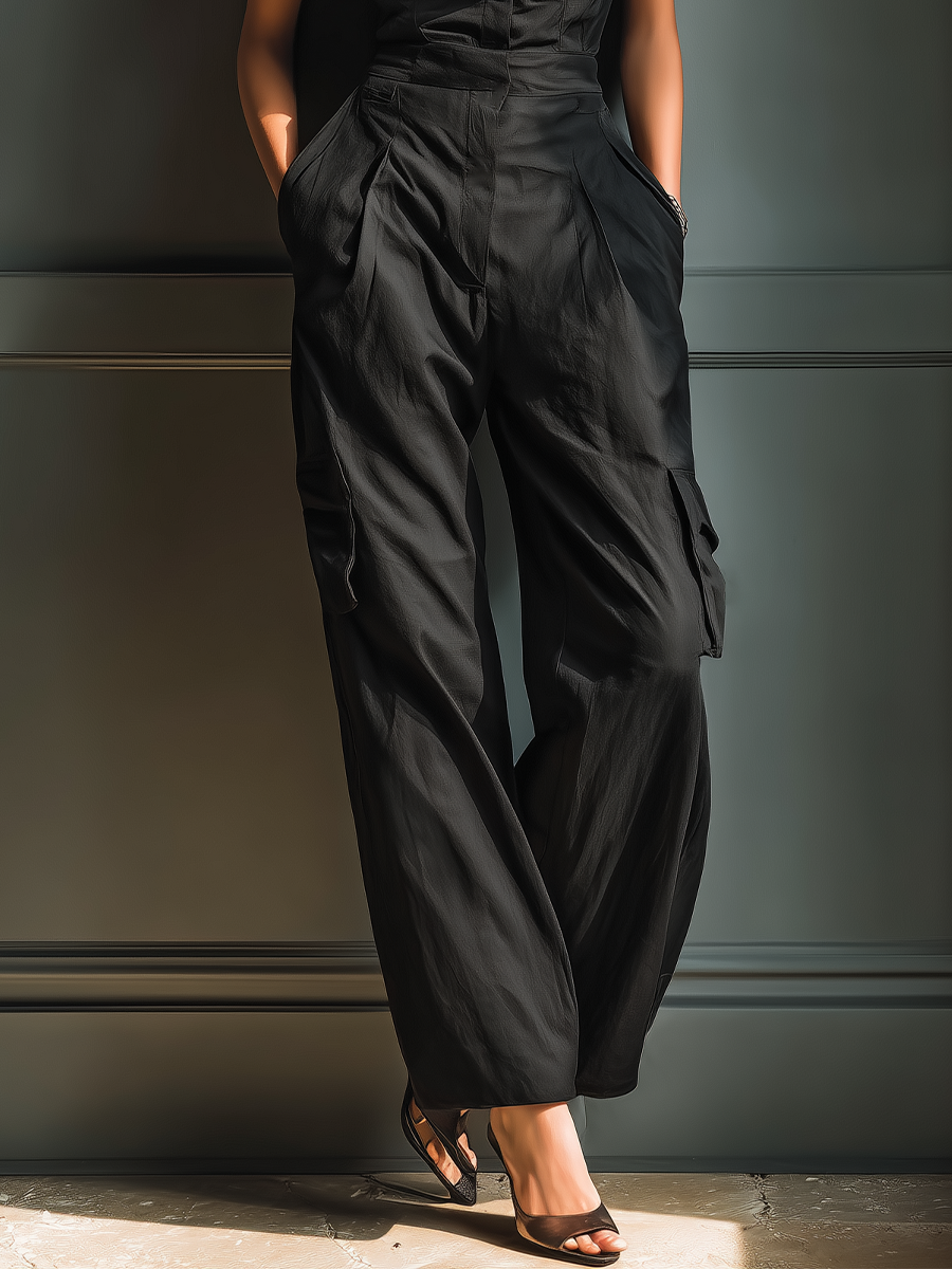 Women's Black Cotton And Linen Blend Sleeveless Collared Jumpsuit With Cargo Pockets