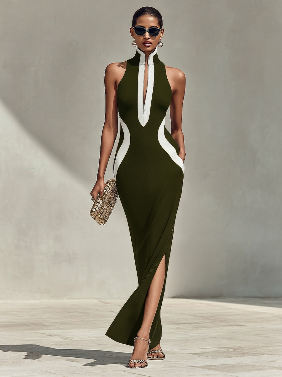Women's Navy & White Form-Fitting Gown With Front Zipper Detail & Side Slit, Effortless Elegant Formal Dress