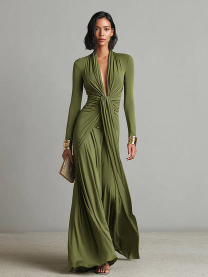 Women's Olive Silky Stretchy Dress With Deep V-Neck & Ruched Detail, Glamorous Maxi Dress