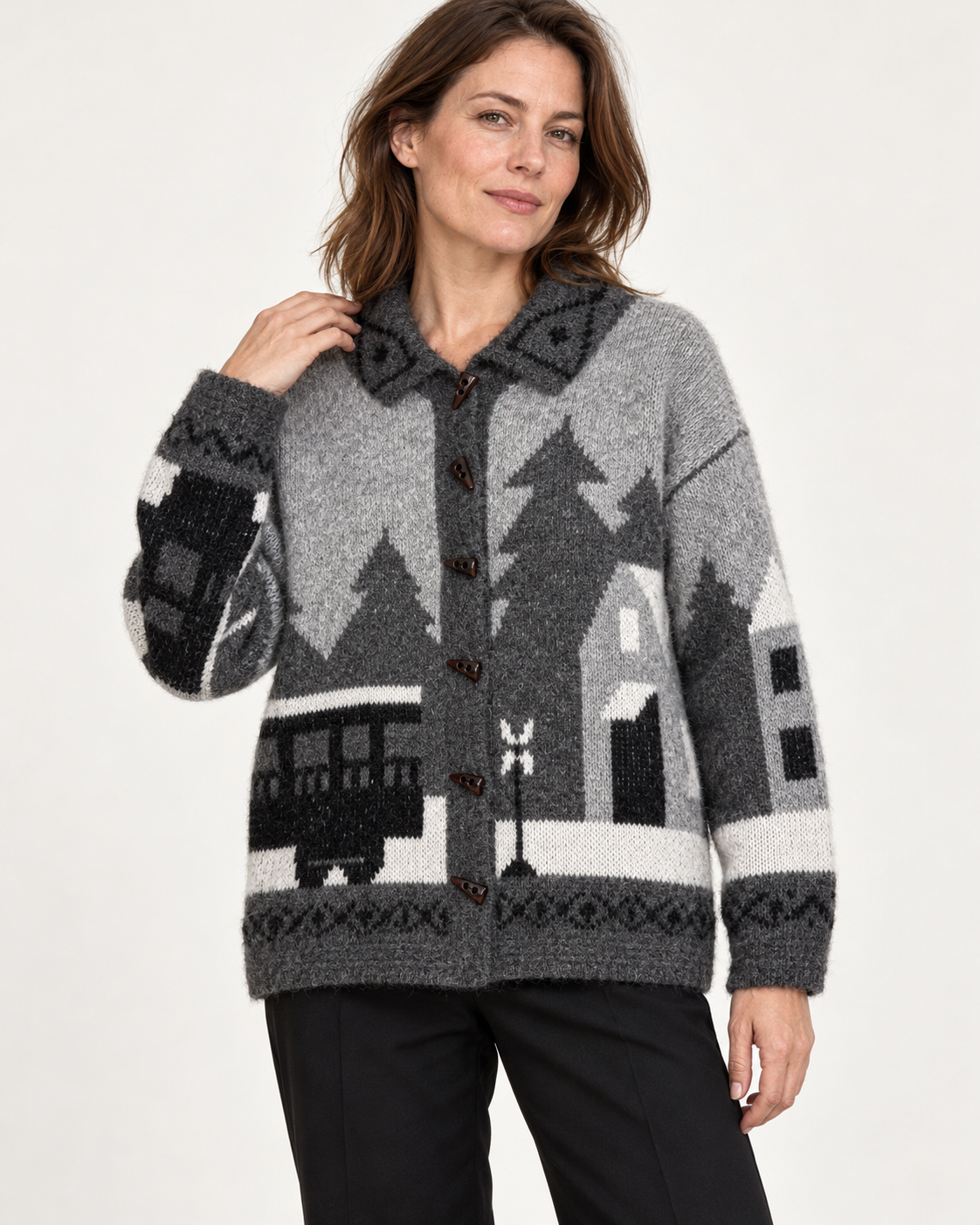 Women's Graphic Wool Cardigan – Scenic Knit Toggle-Button Sweater