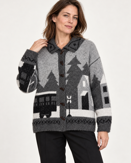 Women's Graphic Wool Cardigan – Scenic Knit Toggle-Button Sweater