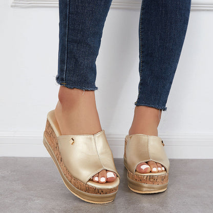 Comfortable Cork Footbed Slip-on Sandals Platform Wedge Slippers