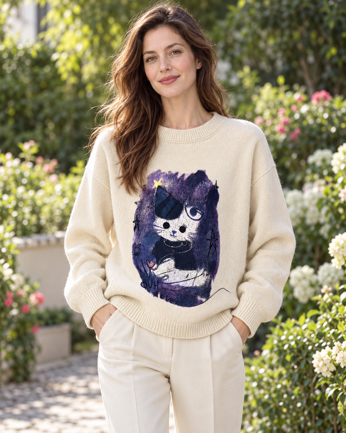 Women's Cat Graphic Wool Sweater – Relaxed Crewneck Knit Pullover