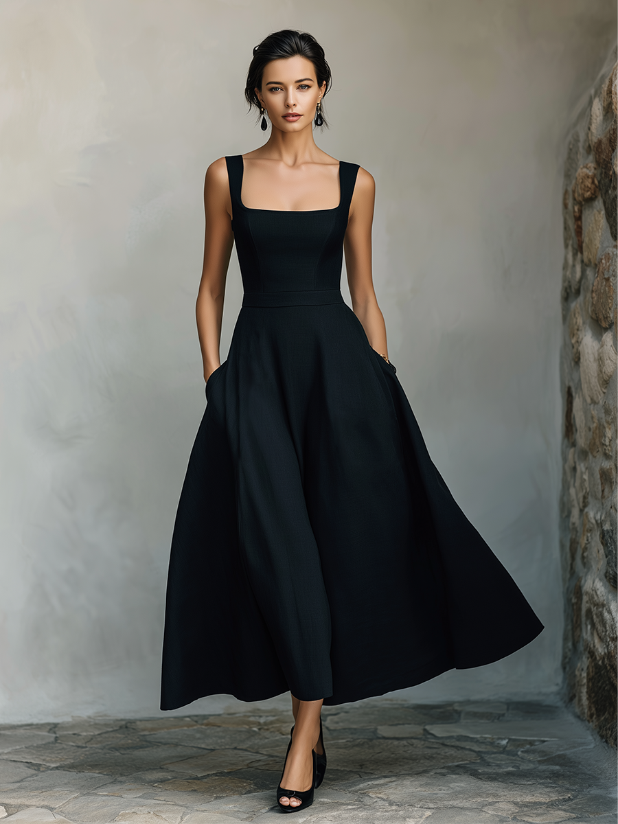 Women's Black Maxi Dress With Wide Square Neck Thick Straps & Side Patch Pockets, Minimalist Elegant Formal Swing Dress
