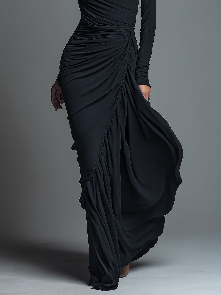 Women's Black Elegant Jersey Knit Ruched Maxi Dress