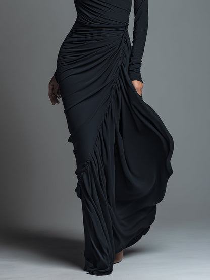 Women's Black Elegant Jersey Knit Ruched Maxi Dress