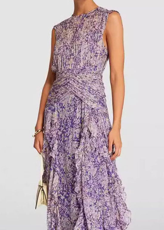 Original Purple Ruffled Print Chiffon Dresses Sleeveless