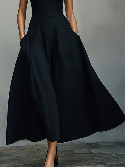 Women's Black Maxi Dress With Wide Square Neck Thick Straps & Side Patch Pockets, Minimalist Elegant Formal Swing Dress