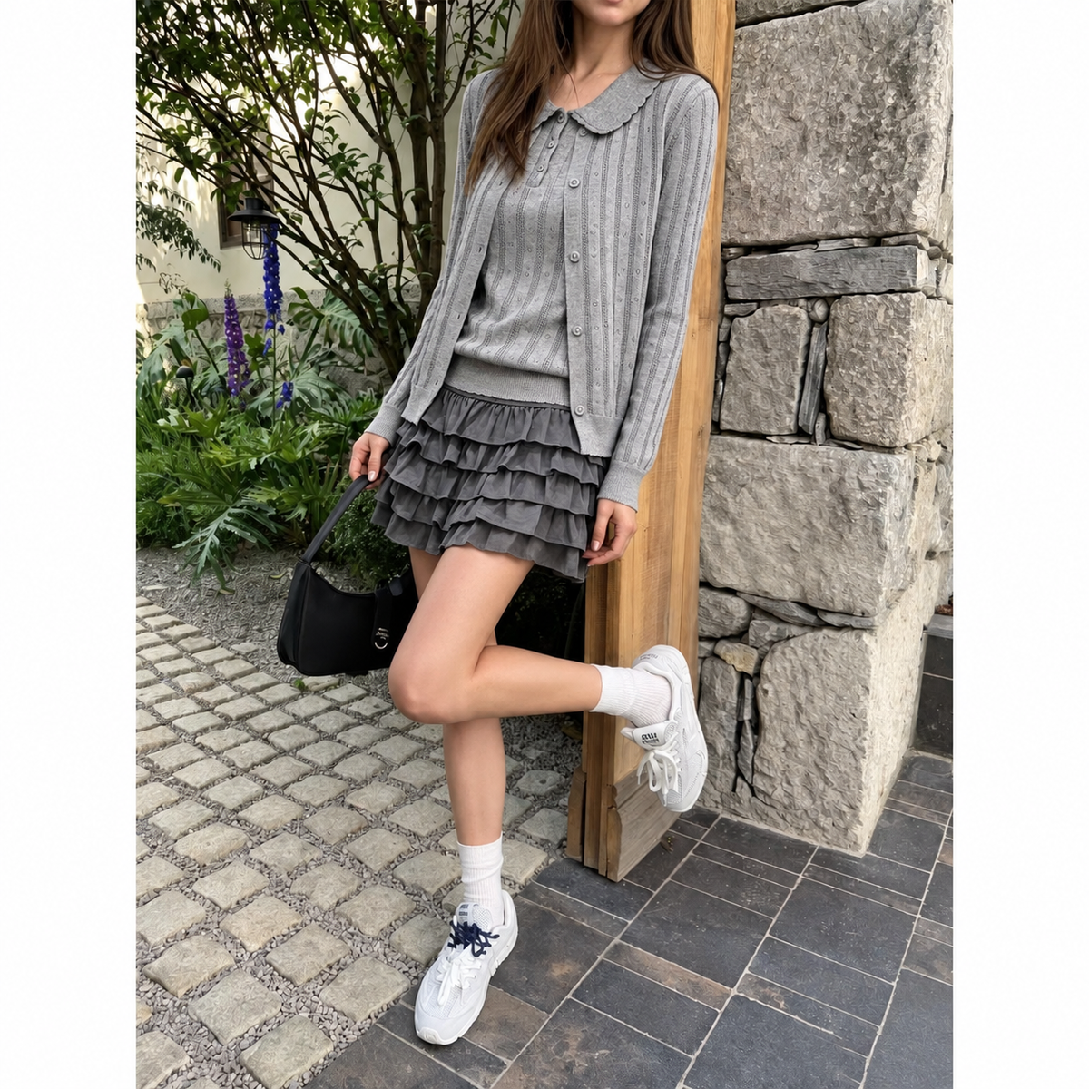 Women's Wool Cardigan and Top Set – Two-Piece Pointelle Knit Twinset