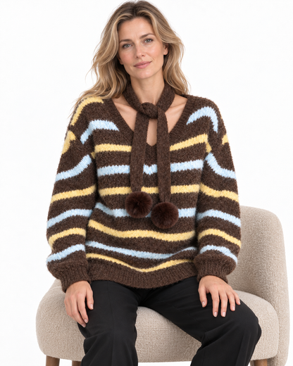 Women's Striped Wool Sweater – Collared Button-Neck Knit Pullover