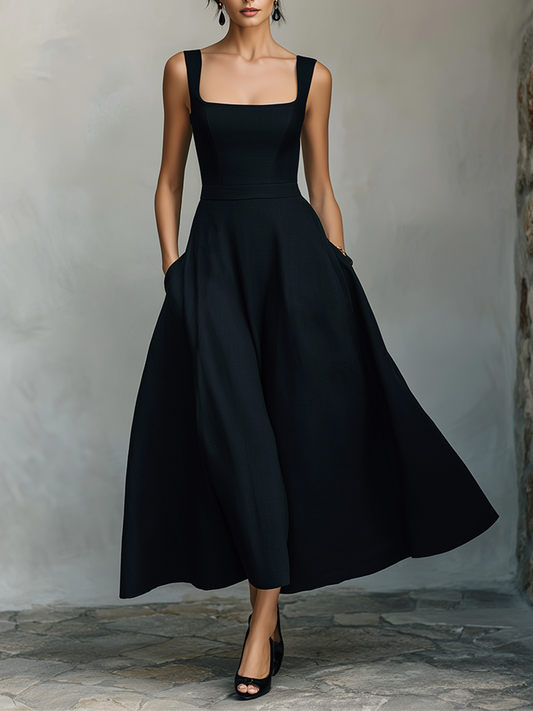 Women's Black Maxi Dress With Wide Square Neck Thick Straps & Side Patch Pockets, Minimalist Elegant Formal Swing Dress