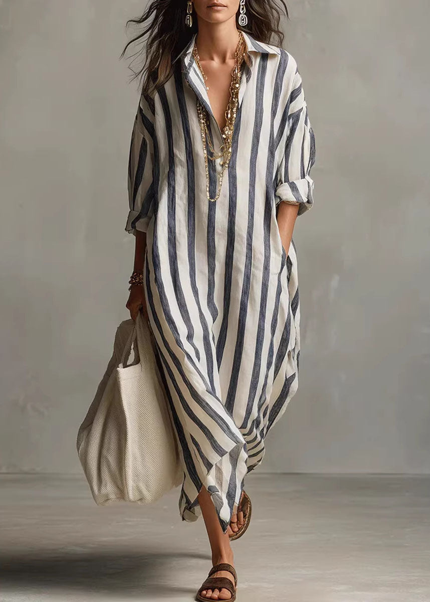 Loose Black V Neck Striped Pockets Cotton Dress Summer
