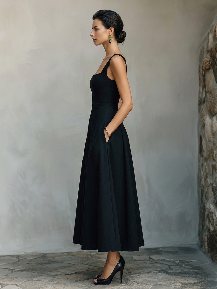 Women's Black Maxi Dress With Wide Square Neck Thick Straps & Side Patch Pockets, Minimalist Elegant Formal Swing Dress