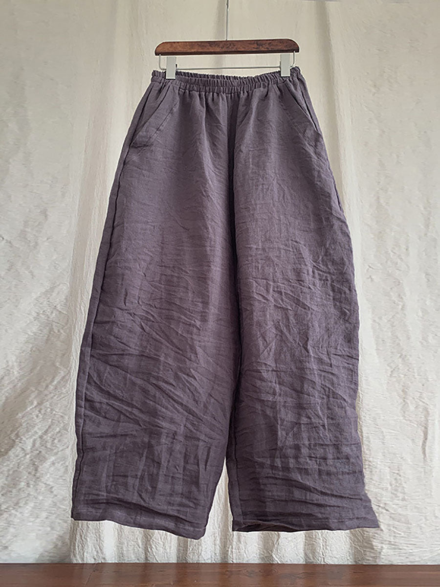 Women Spring Casual Solid Loose Elastic Waist Linen Pants