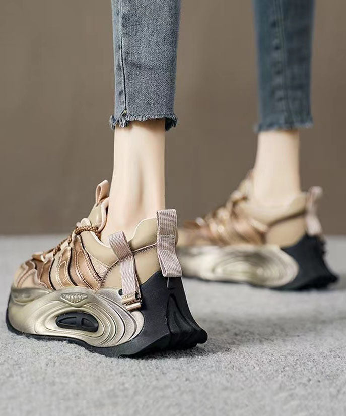 Gold Flat Shoes For Platform Genuine Leather  Splicing Cross Strap