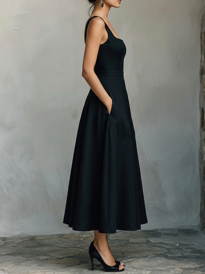 Women's Black Maxi Dress With Wide Square Neck Thick Straps & Side Patch Pockets, Minimalist Elegant Formal Swing Dress