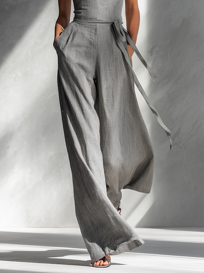Women's Minimalist Linen Blend Gray Spaghetti-Strap Square-Neck Tie-Waist Wide-Leg Jumpsuit