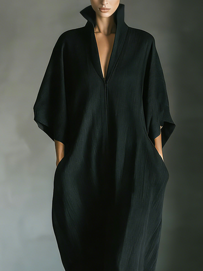 Women's Black Cotton Blend Fabric Oversized Kimono-Sleeve Maxi Dress With Pockets
