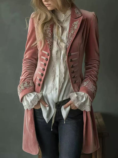 Retro Floral Embroidery Poly Velvet Coat