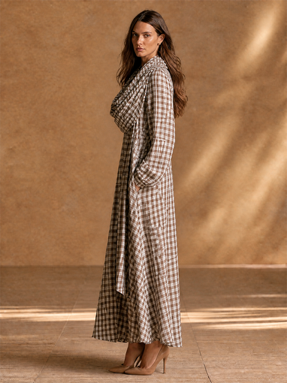 Women's Detachable Scarf Two Piece Vintage Plaid Cotton Lantern Sleeve Maxi Dress