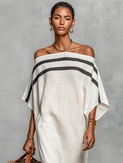 Women's Minimalist Linen Blend Off-the-shoulder Batwing Sleeve Straight-cut Maxi Dress