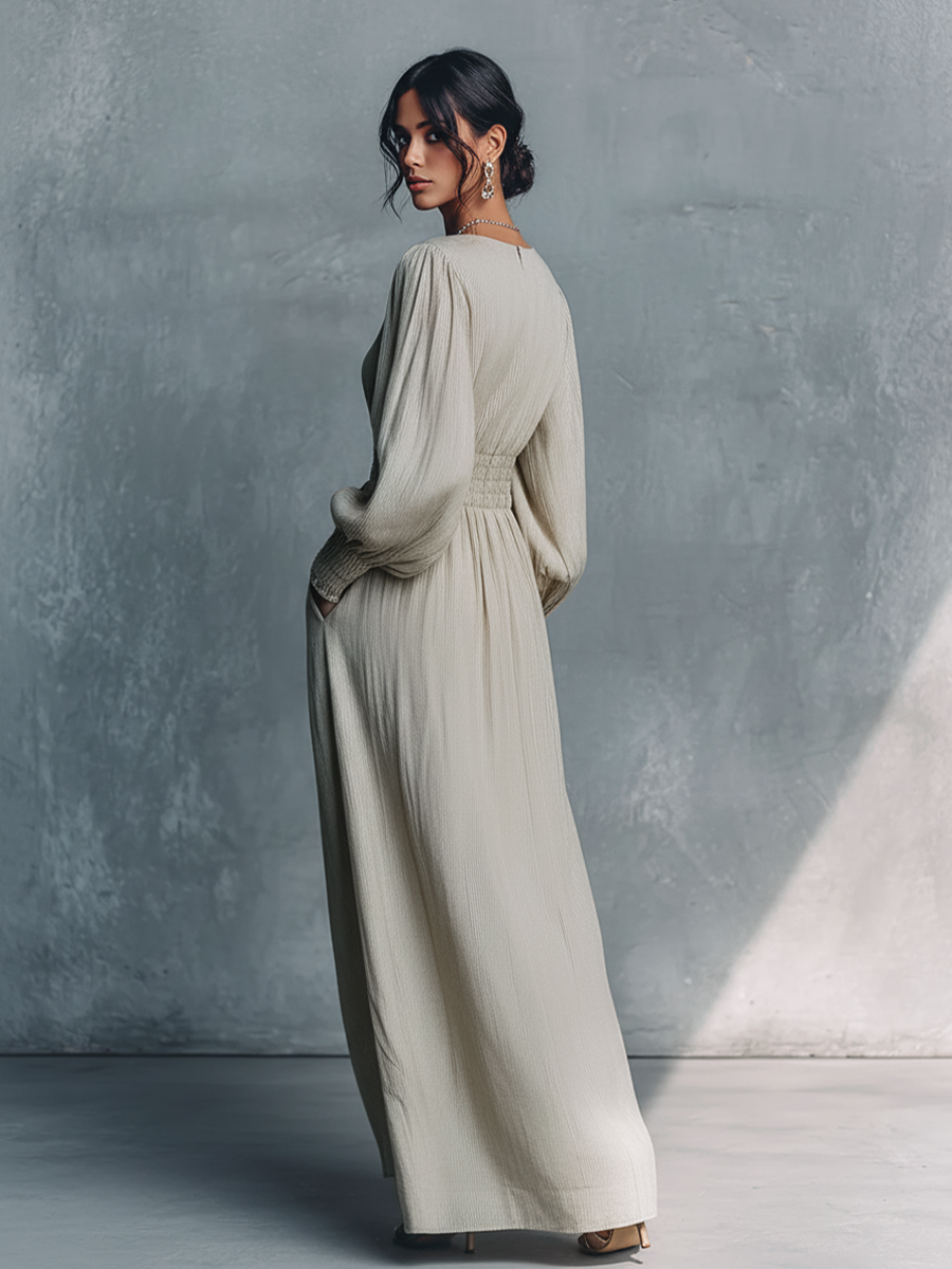 Women's Beige Cotton Linen Striped V-Neck Shirred Waist Maxi Dress