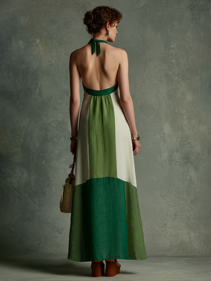Women's Vacation Style Green And White Color-Block Linen-Cotton Halter V-Neck Waist-Tailored Maxi Dress