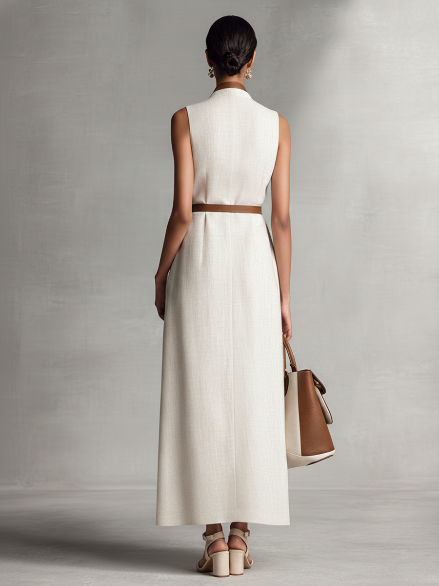 Women's Sleeveless V-Neck Tie-Waist Cotton Linen Maxi Dress